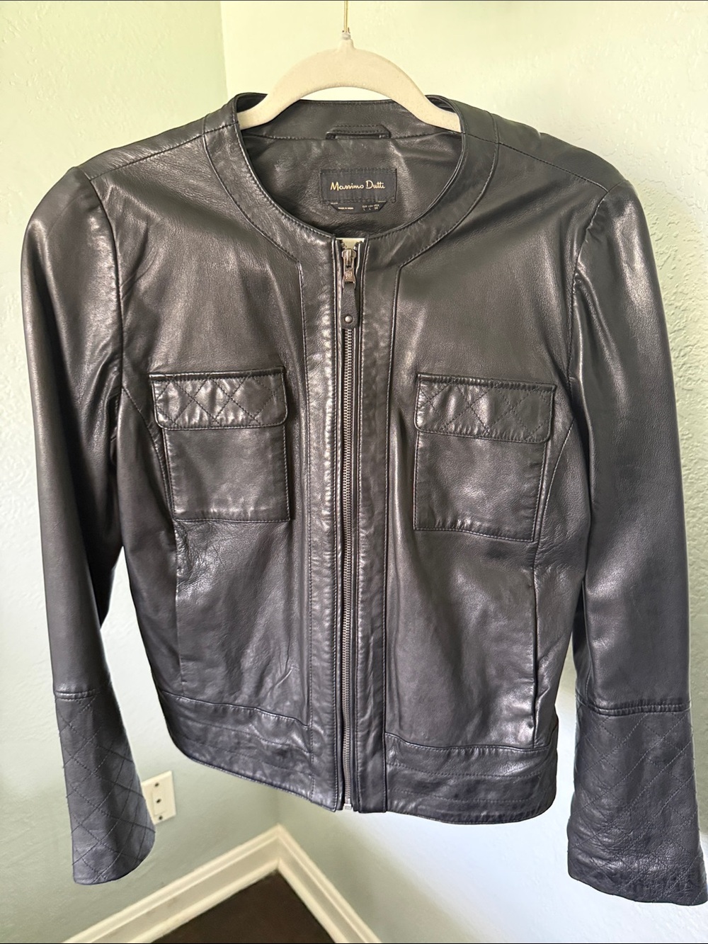 Massimo Dutti Black Leather Round-Neck Zip Jacket